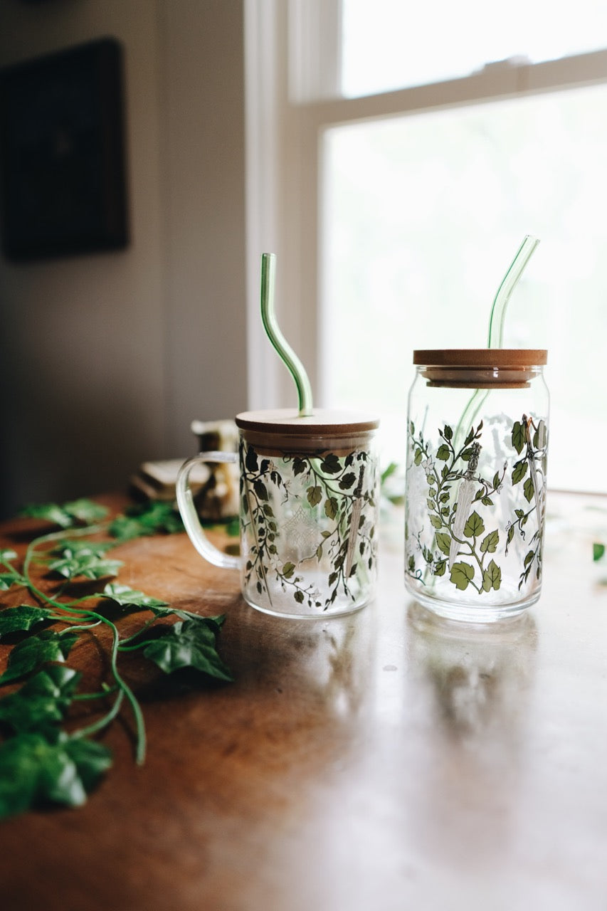 Everbloom Ivy Glass | With Bamboo Lid & Green Glass Straw | 16oz | Warriors & Mages