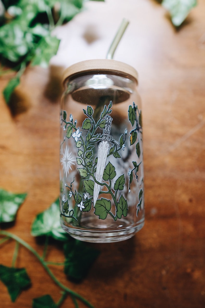 Everbloom Ivy Glass | With Bamboo Lid & Green Glass Straw | 16oz | Warriors & Mages