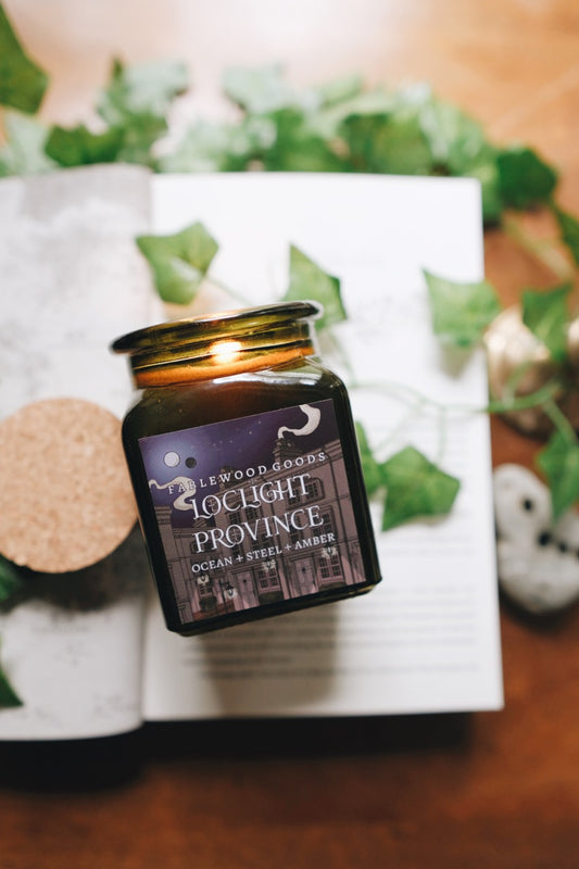 Loclight Province | 9oz Apothecary Candle | Wood Wick | Ocean, Steel, & Amber | Regency Romance