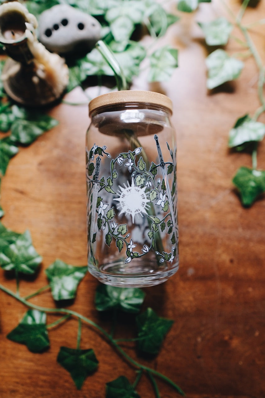 Everbloom Ivy Glass | With Bamboo Lid & Green Glass Straw | 16oz | Warriors & Mages