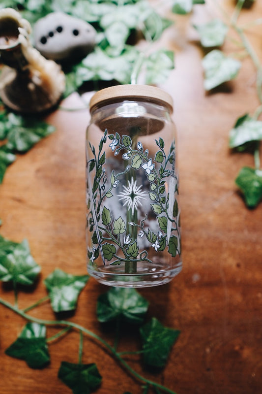 Everbloom Ivy Glass | With Bamboo Lid & Green Glass Straw | 16oz | Warriors & Mages