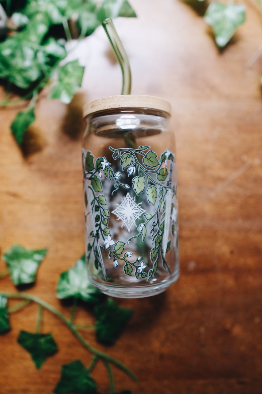 Everbloom Ivy Glass | With Bamboo Lid & Green Glass Straw | 16oz | Warriors & Mages